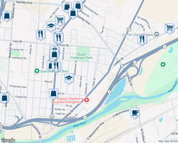 map of restaurants, bars, coffee shops, grocery stores, and more near 226 Alaska Street in Dayton