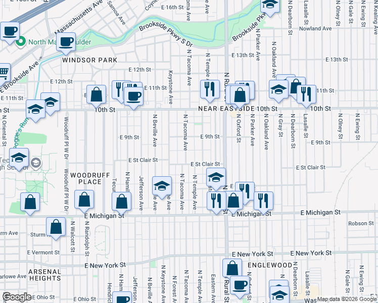 map of restaurants, bars, coffee shops, grocery stores, and more near 827 North Tacoma Avenue in Indianapolis