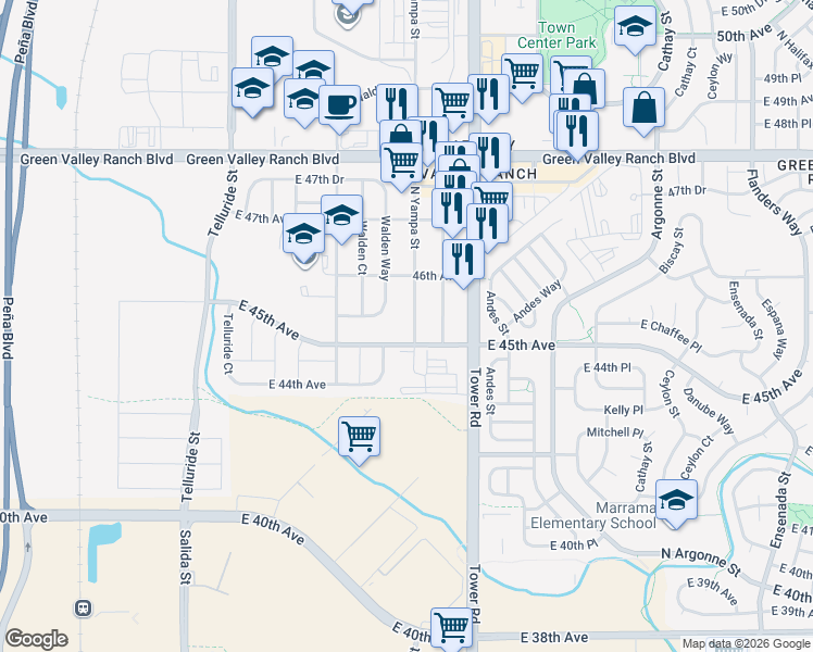 map of restaurants, bars, coffee shops, grocery stores, and more near 4505 North Yampa Street in Denver