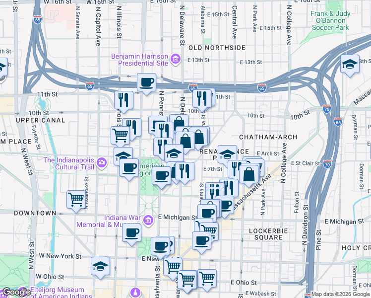 map of restaurants, bars, coffee shops, grocery stores, and more near 825 North Delaware Street in Indianapolis