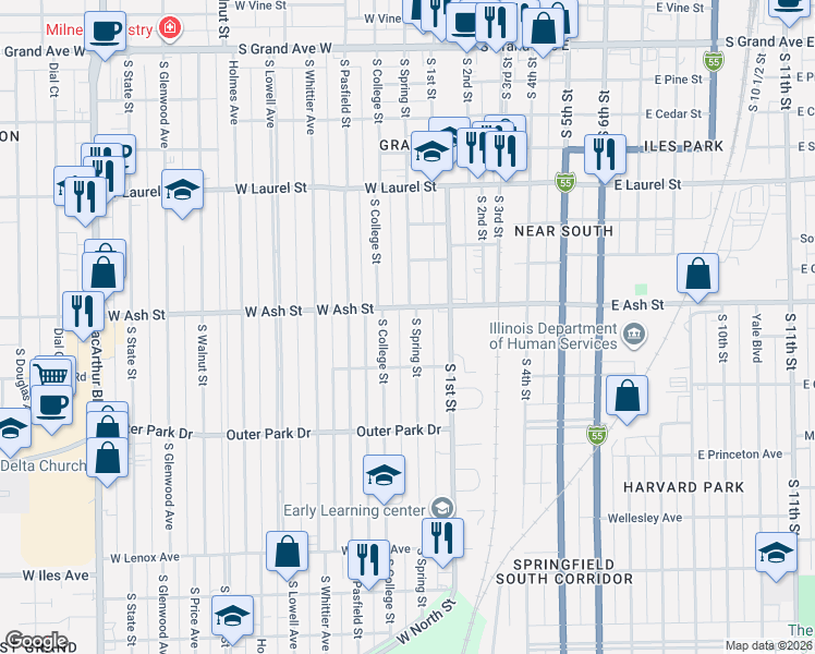 map of restaurants, bars, coffee shops, grocery stores, and more near 224 West Ash Street in Springfield