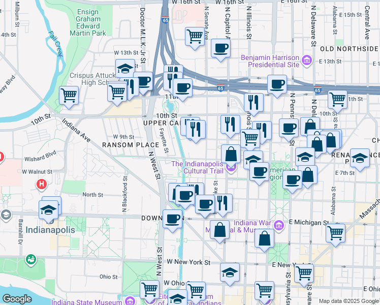 map of restaurants, bars, coffee shops, grocery stores, and more near 350 West Saint Clair Street in Indianapolis