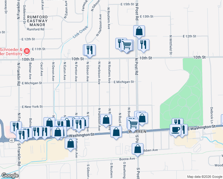 map of restaurants, bars, coffee shops, grocery stores, and more near 245 North Routiers Avenue in Indianapolis