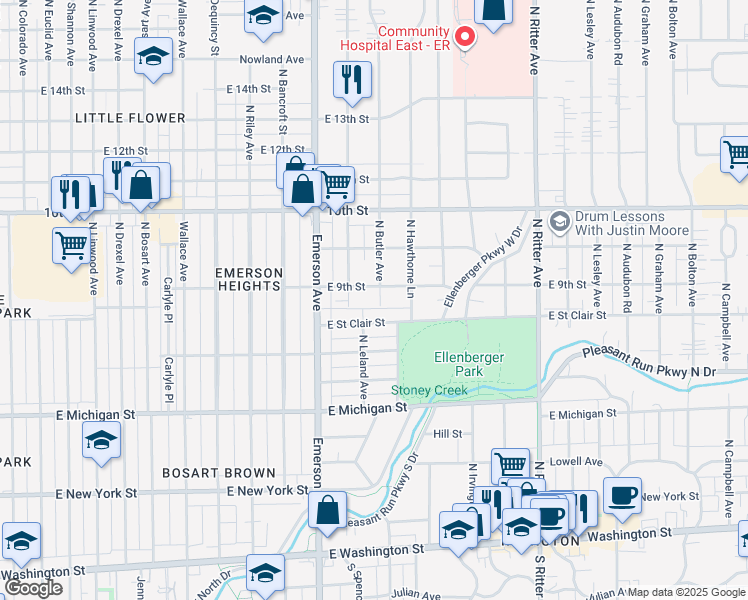 map of restaurants, bars, coffee shops, grocery stores, and more near 854 North Butler Avenue in Indianapolis