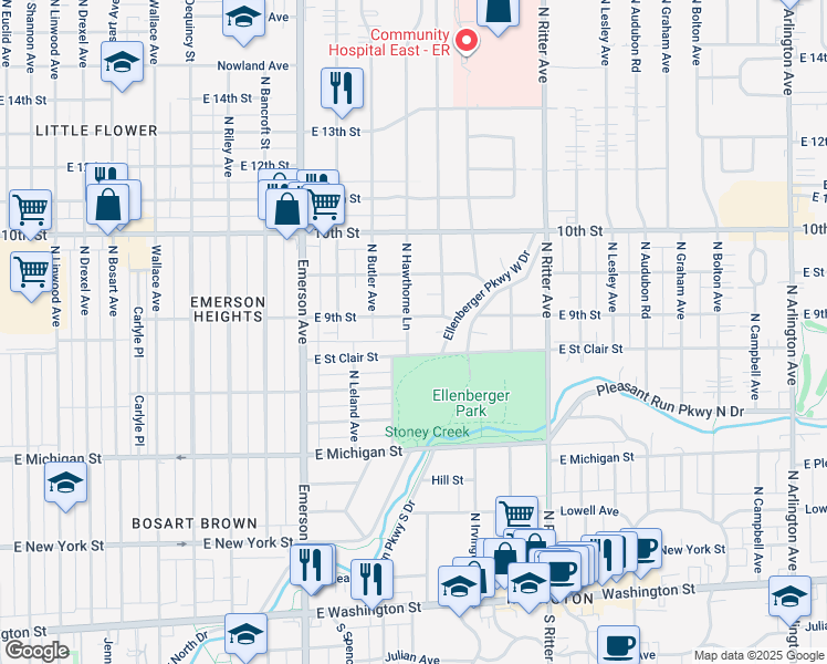 map of restaurants, bars, coffee shops, grocery stores, and more near 833 North Hawthorne Lane in Indianapolis