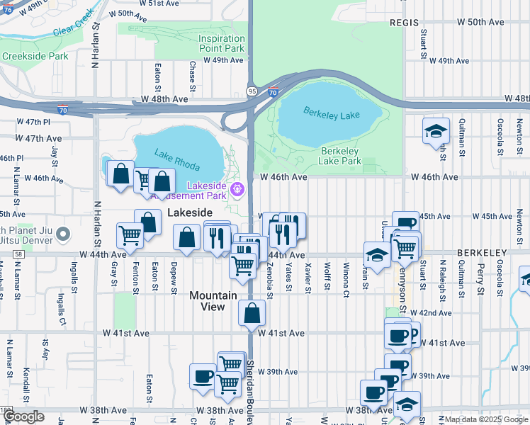 map of restaurants, bars, coffee shops, grocery stores, and more near 4501 Zenobia Street in Denver