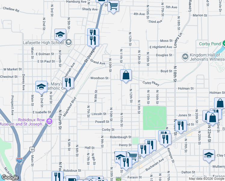 map of restaurants, bars, coffee shops, grocery stores, and more near 1409 North 10th Street in Saint Joseph