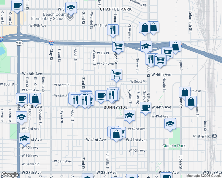 map of restaurants, bars, coffee shops, grocery stores, and more near 2100 West Scott Place in Denver