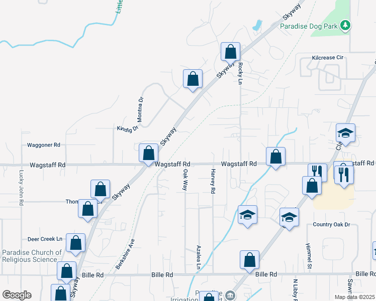 map of restaurants, bars, coffee shops, grocery stores, and more near 6418 Oak Way in Paradise