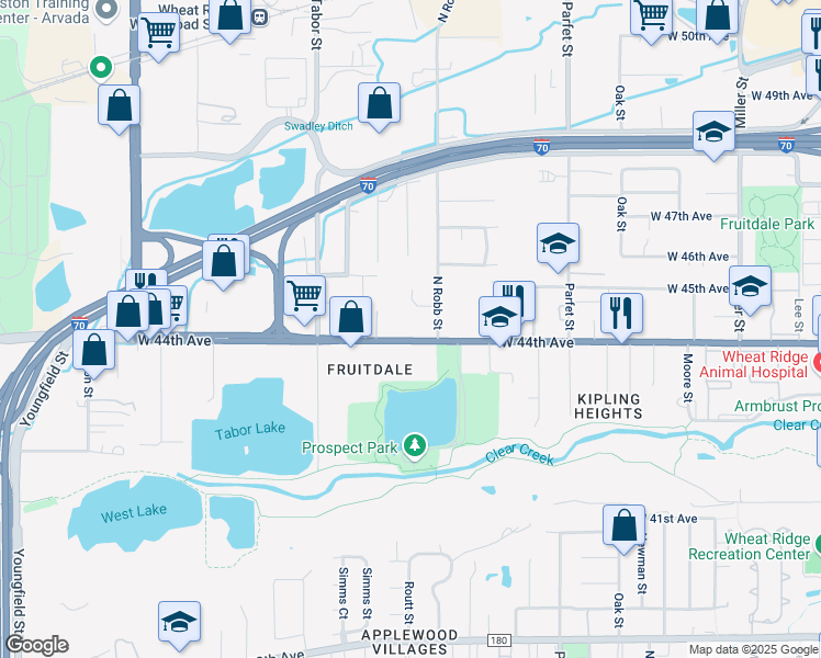 map of restaurants, bars, coffee shops, grocery stores, and more near 11501 West 44th Avenue in Wheat Ridge
