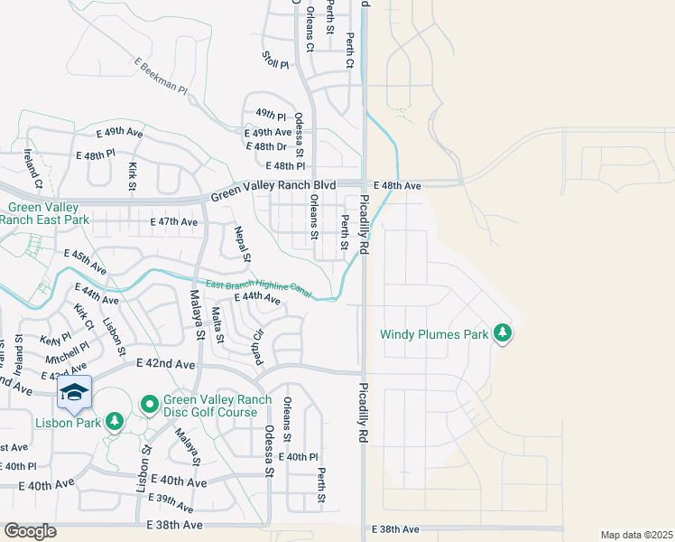 map of restaurants, bars, coffee shops, grocery stores, and more near 21558 East 45th Avenue in Denver