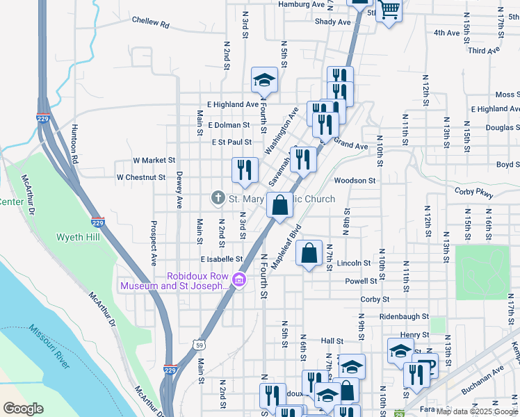 map of restaurants, bars, coffee shops, grocery stores, and more near 1531 Savannah Avenue in Saint Joseph