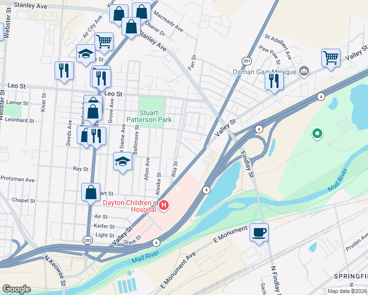 map of restaurants, bars, coffee shops, grocery stores, and more near 2018 Stapleton Court in Dayton
