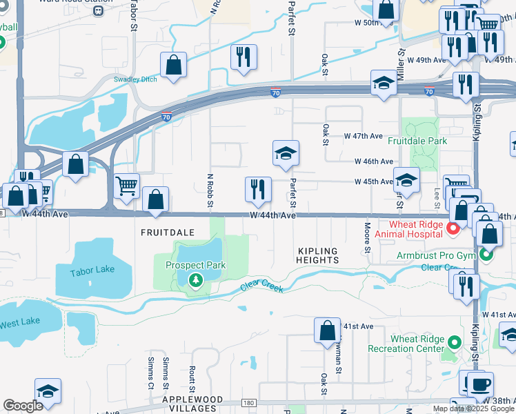 map of restaurants, bars, coffee shops, grocery stores, and more near 11221 West 44th Avenue in Wheat Ridge
