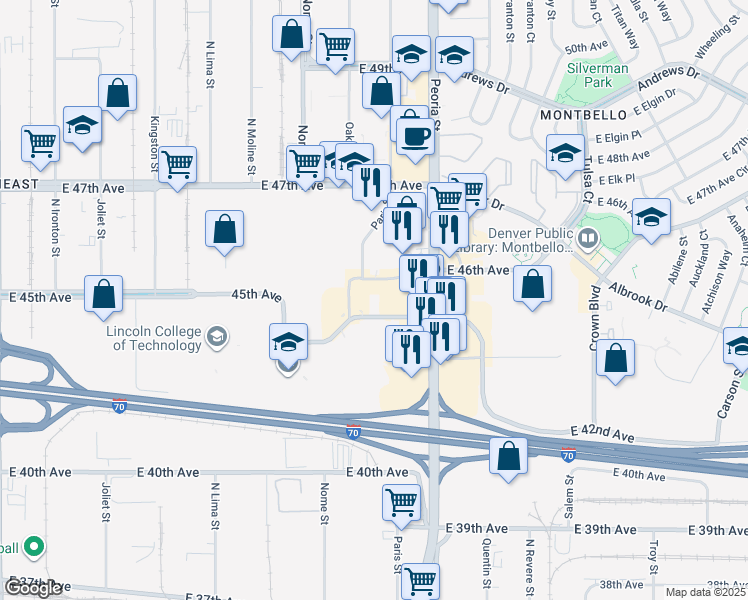 map of restaurants, bars, coffee shops, grocery stores, and more near 12025 East 45th Avenue in Denver
