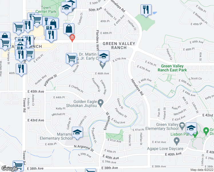 map of restaurants, bars, coffee shops, grocery stores, and more near 4554 Espana Way in Denver