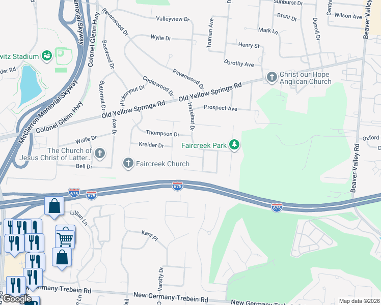 map of restaurants, bars, coffee shops, grocery stores, and more near 301 Hess Ct in Fairborn