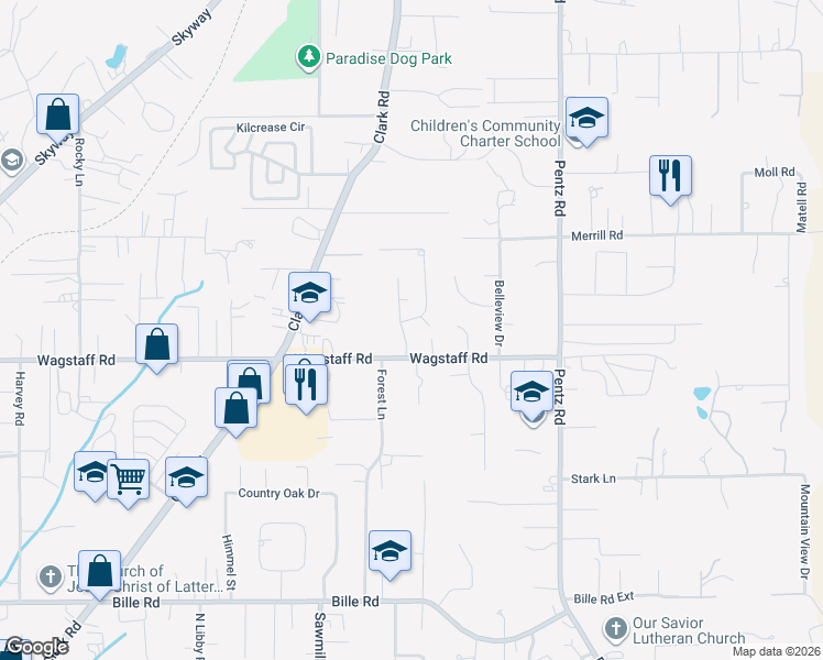 map of restaurants, bars, coffee shops, grocery stores, and more near 6666 Twin Oaks Drive in Paradise