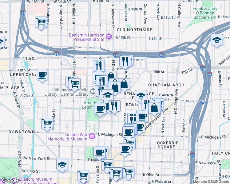 map of restaurants, bars, coffee shops, grocery stores, and more near 825 North Delaware Street in Indianapolis
