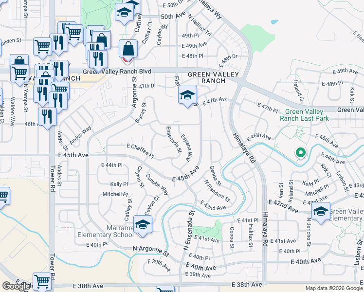 map of restaurants, bars, coffee shops, grocery stores, and more near 4554 Espana Way in Denver