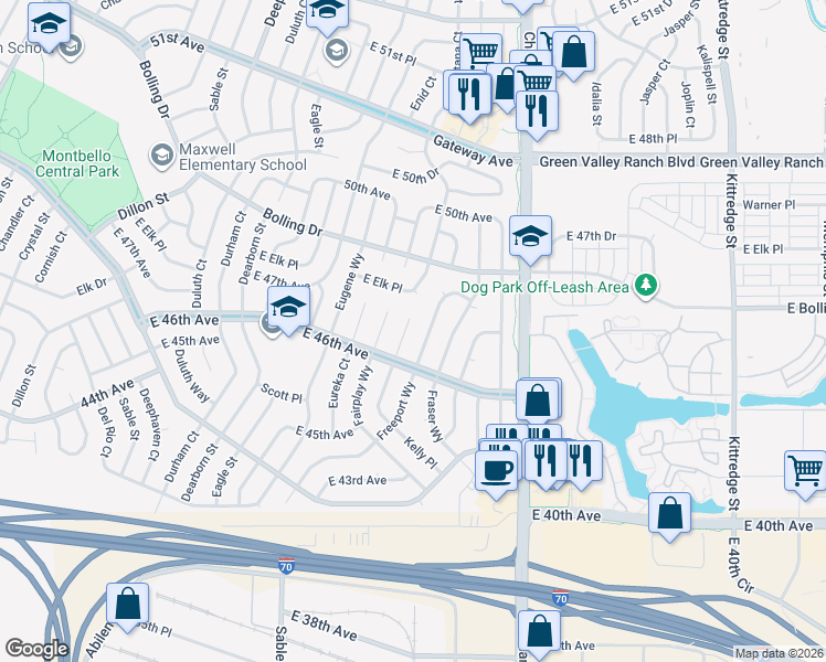 map of restaurants, bars, coffee shops, grocery stores, and more near 4648 Fontana Way in Denver