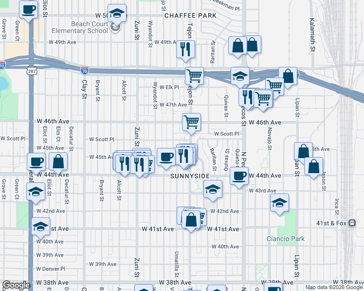 map of restaurants, bars, coffee shops, grocery stores, and more near 2100 West Scott Place in Denver