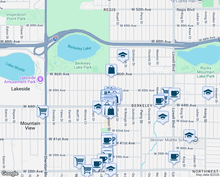 map of restaurants, bars, coffee shops, grocery stores, and more near 4500 Tennyson Street in Denver
