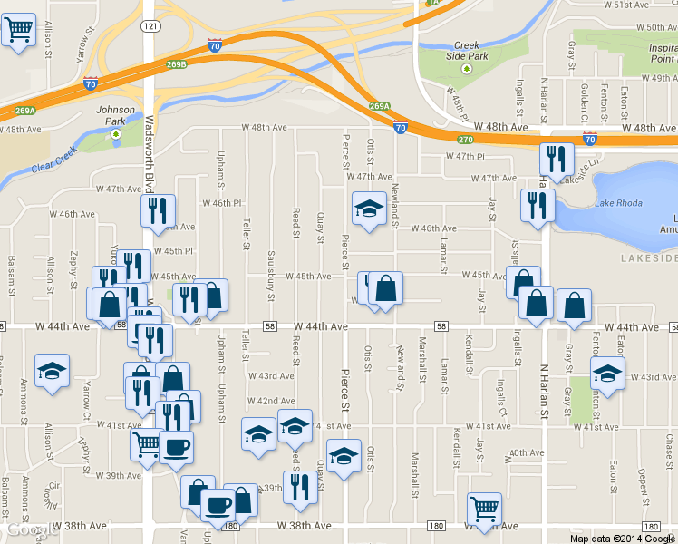 map of restaurants, bars, coffee shops, grocery stores, and more near 6785 West 45th Avenue in Wheat Ridge