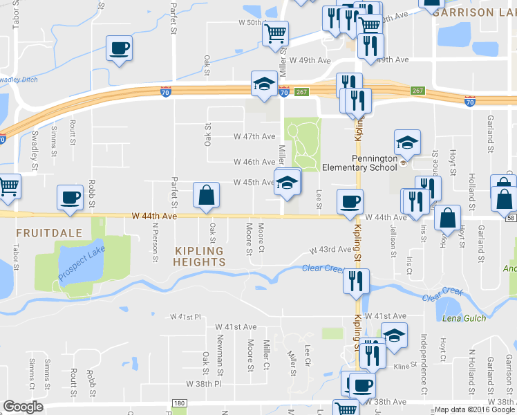 map of restaurants, bars, coffee shops, grocery stores, and more near 10475 West 44th Avenue in Wheat Ridge