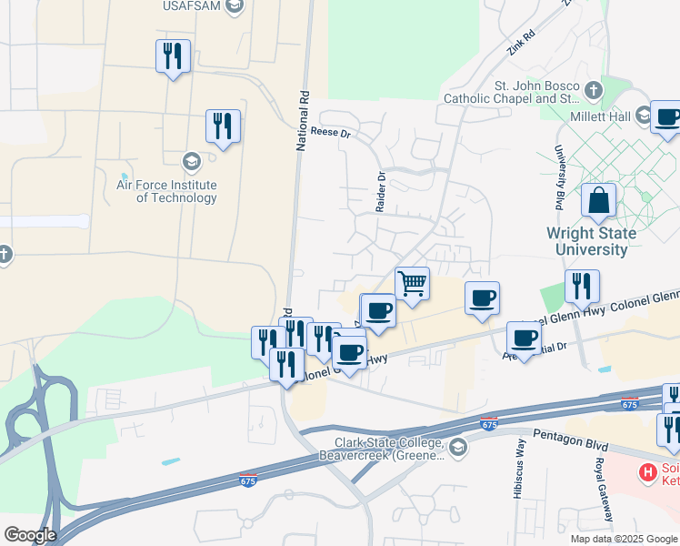 map of restaurants, bars, coffee shops, grocery stores, and more near 3944 Camberlee Way in Beavercreek