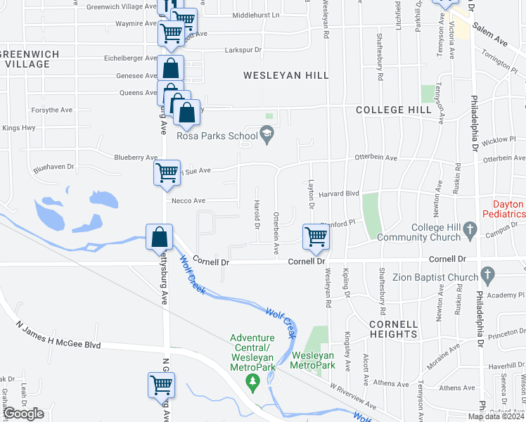 map of restaurants, bars, coffee shops, grocery stores, and more near 1702 Harold Drive in Dayton