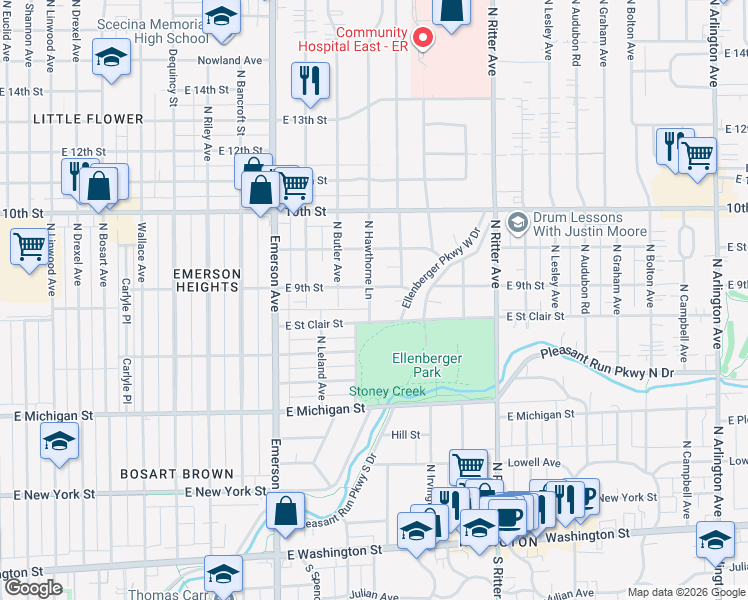 map of restaurants, bars, coffee shops, grocery stores, and more near 833 North Hawthorne Lane in Indianapolis