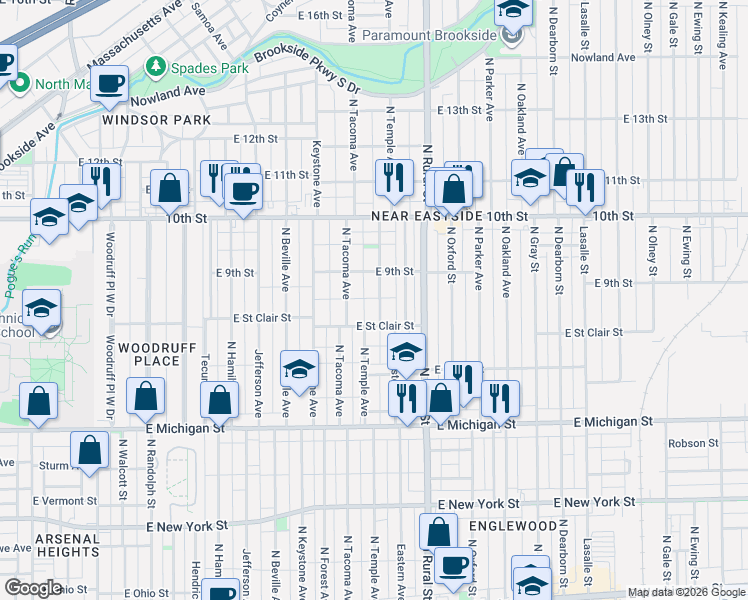 map of restaurants, bars, coffee shops, grocery stores, and more near 827 North Tacoma Avenue in Indianapolis