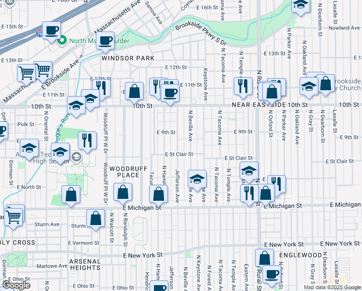 map of restaurants, bars, coffee shops, grocery stores, and more near 814 Jefferson Avenue in Indianapolis