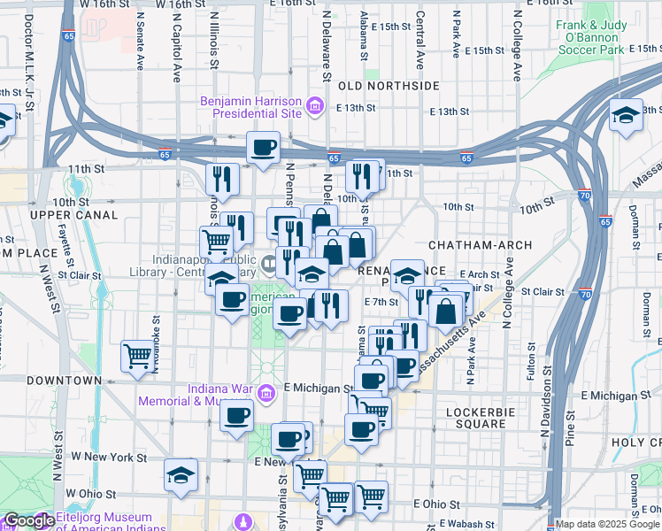 map of restaurants, bars, coffee shops, grocery stores, and more near 825 North Delaware Street in Indianapolis