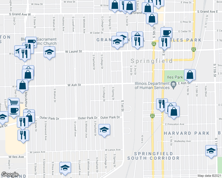 map of restaurants, bars, coffee shops, grocery stores, and more near 224 West Ash Street in Springfield