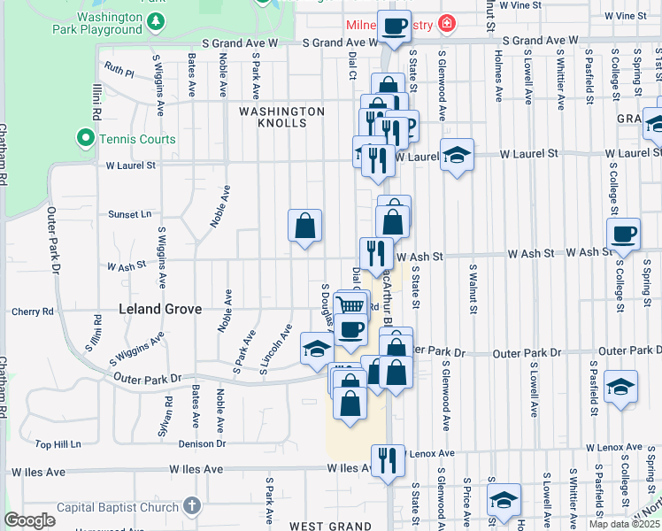 map of restaurants, bars, coffee shops, grocery stores, and more near 2007 South Douglas Avenue in Springfield
