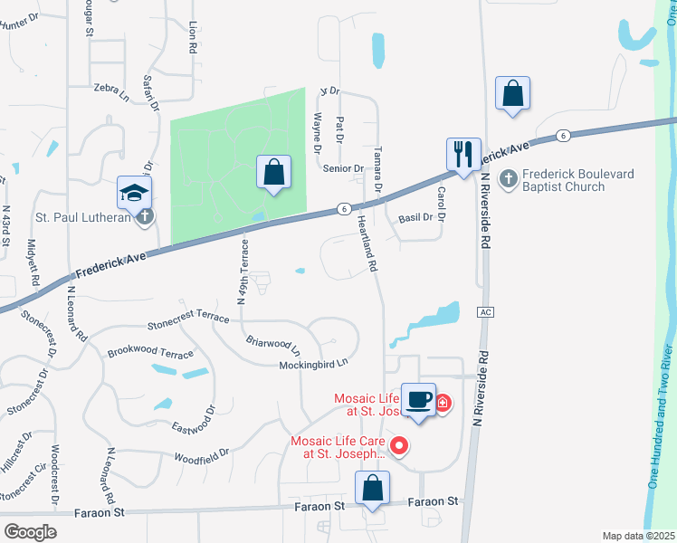 map of restaurants, bars, coffee shops, grocery stores, and more near 1202 Heartland Road in Saint Joseph