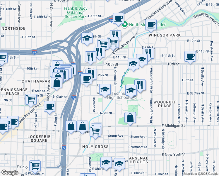 map of restaurants, bars, coffee shops, grocery stores, and more near 1301 East 9th Street in Indianapolis
