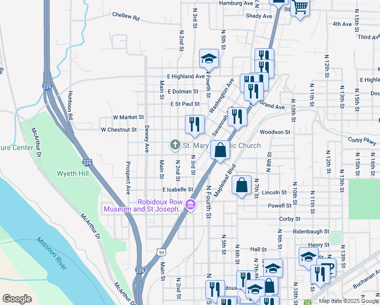 map of restaurants, bars, coffee shops, grocery stores, and more near 1602 North 3rd Street in Saint Joseph