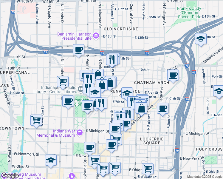 map of restaurants, bars, coffee shops, grocery stores, and more near 824 North Alabama Street in Indianapolis