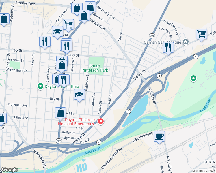 map of restaurants, bars, coffee shops, grocery stores, and more near 226 Alaska Street in Dayton