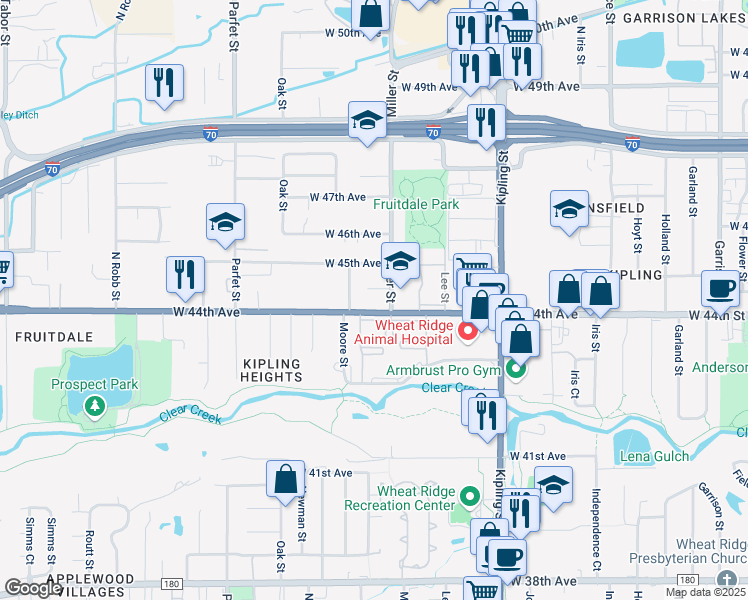 map of restaurants, bars, coffee shops, grocery stores, and more near 10475 West 44th Avenue in Wheat Ridge