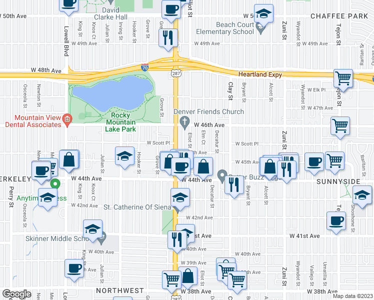 map of restaurants, bars, coffee shops, grocery stores, and more near 4501 Eliot Street in Denver