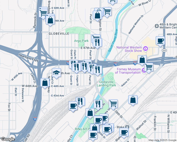 map of restaurants, bars, coffee shops, grocery stores, and more near 4519 Pearl Street in Denver