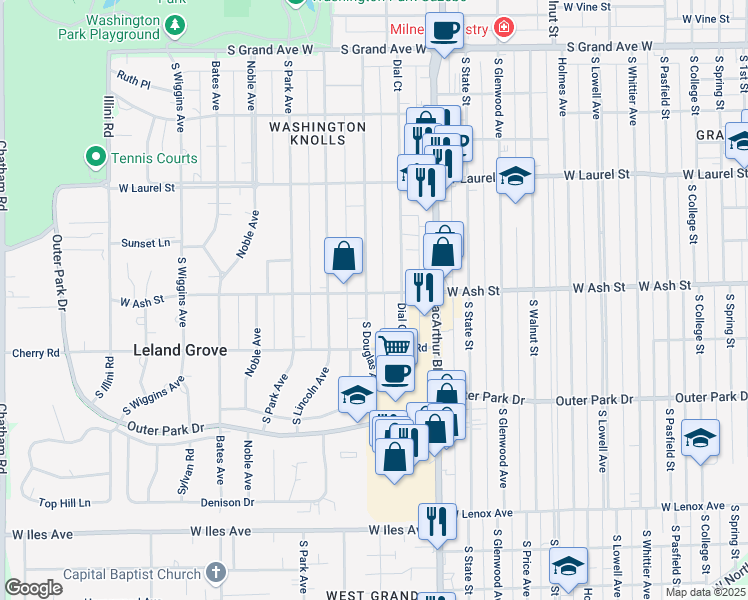 map of restaurants, bars, coffee shops, grocery stores, and more near 2007 South Douglas Avenue in Springfield
