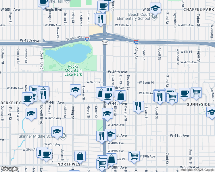 map of restaurants, bars, coffee shops, grocery stores, and more near 4525 Federal Boulevard in Denver
