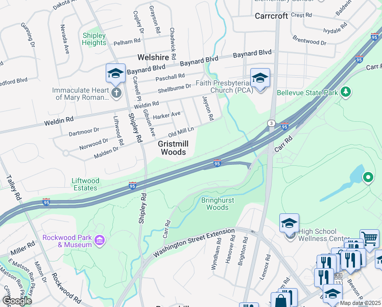 map of restaurants, bars, coffee shops, grocery stores, and more near 23 Gristmill Court in Wilmington