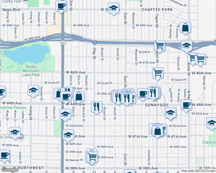 map of restaurants, bars, coffee shops, grocery stores, and more near 4533 Beach Court in Denver