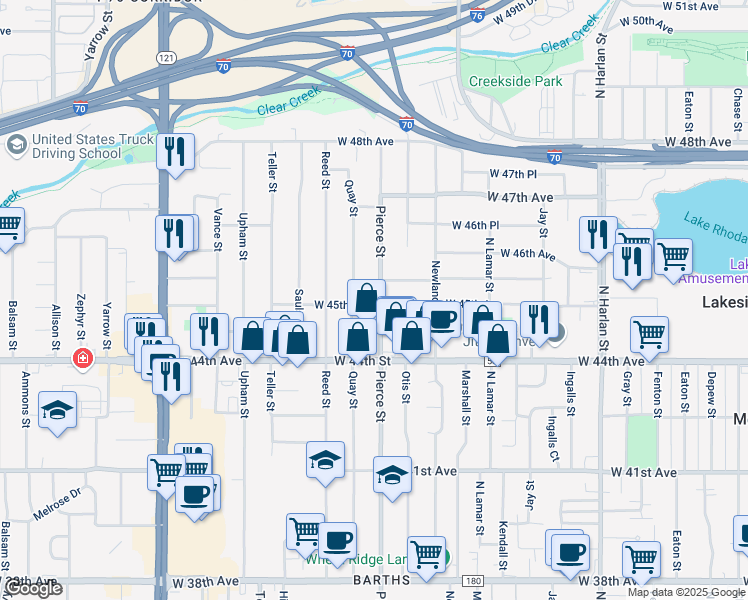 map of restaurants, bars, coffee shops, grocery stores, and more near 6785 West 45th Avenue in Wheat Ridge